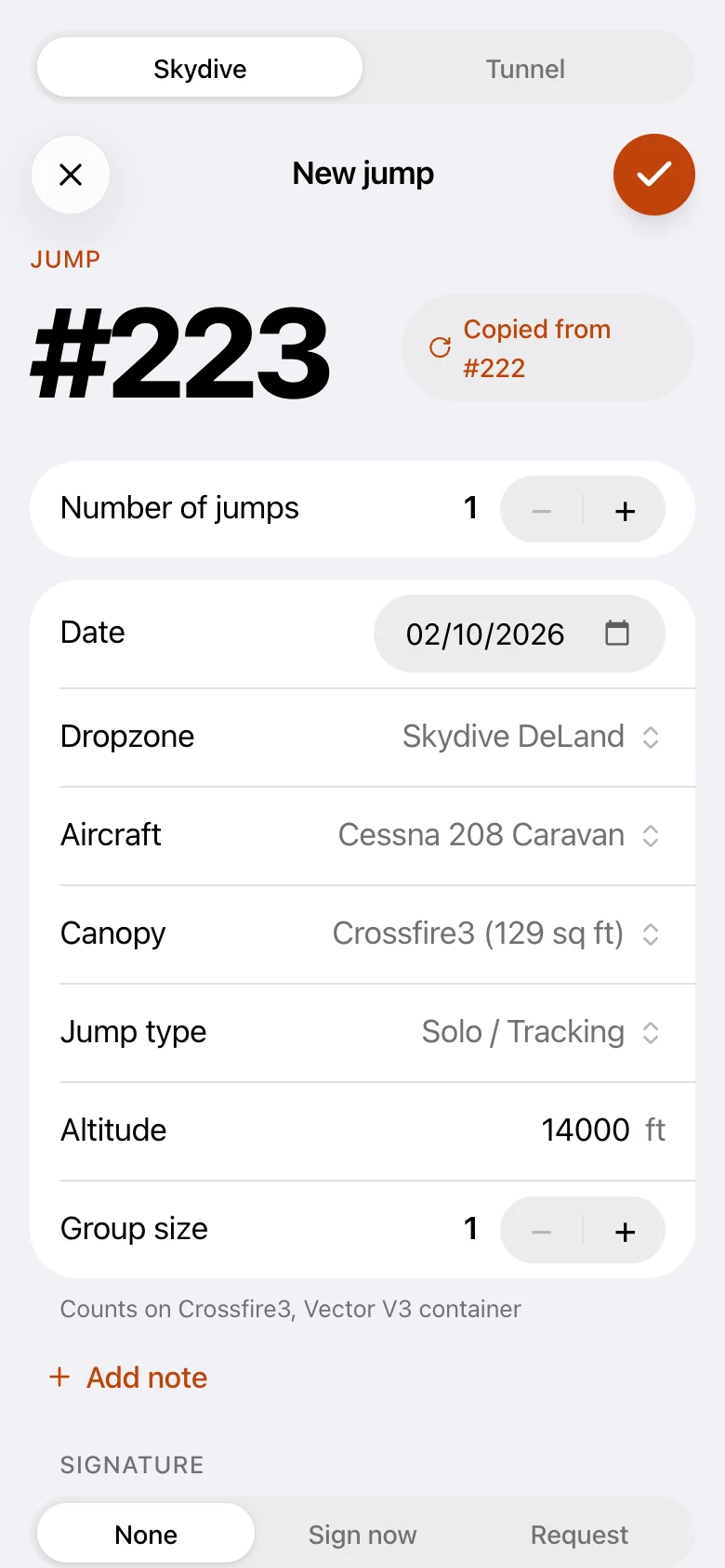 The new jump form in Loggbok, pre-filled from the previous jump