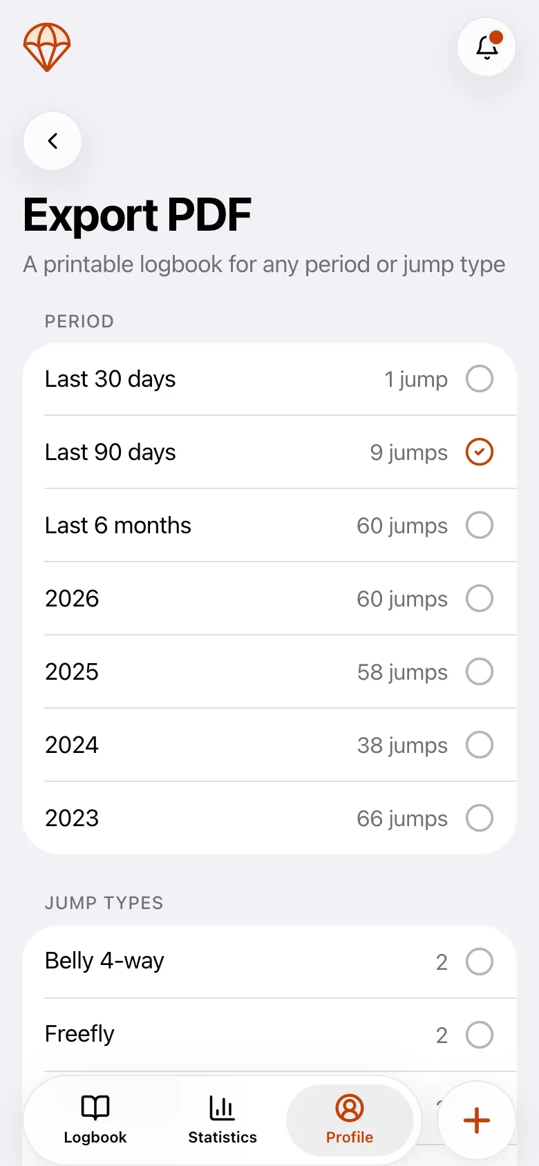Choosing a period and jump types for the PDF export