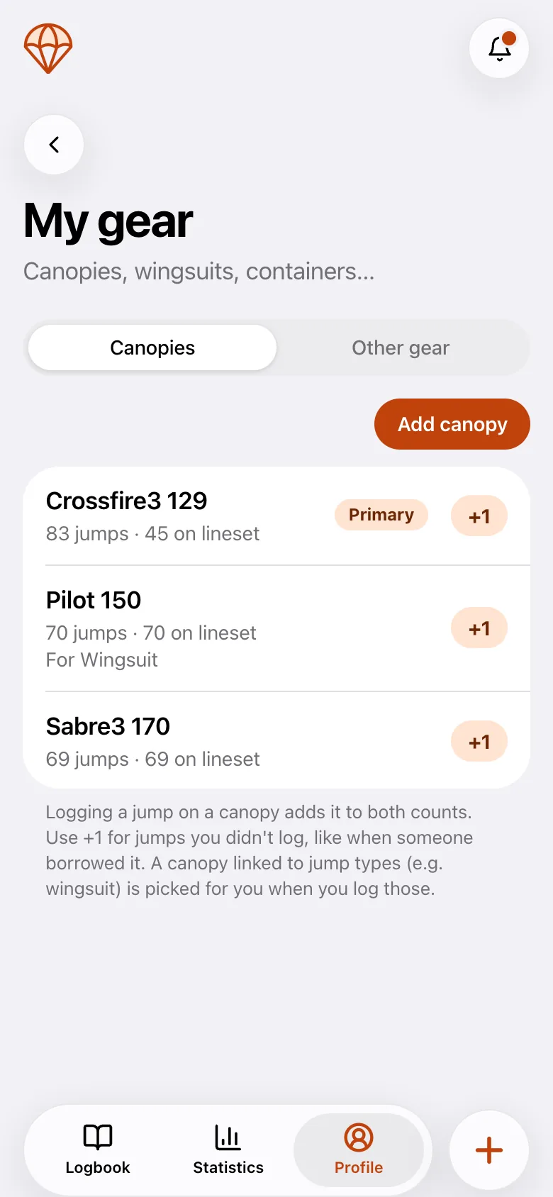 The gear page with canopies and their jump and lineset counts