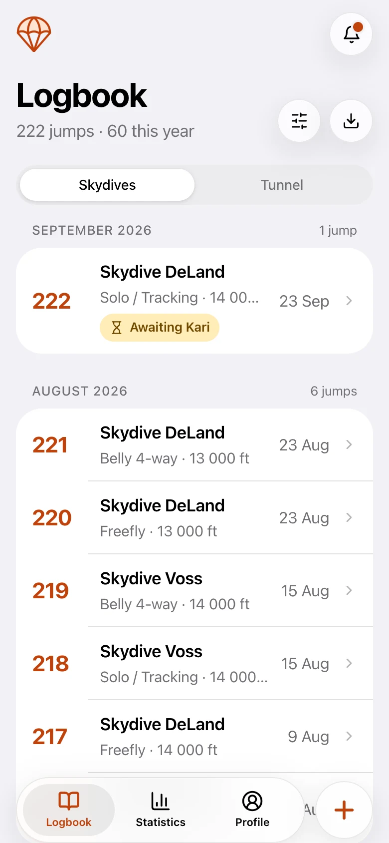 The Loggbok logbook on a phone, listing recent jumps by month
